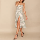 Vintage Midi Dress Side High Slit Spaghetti Strap Dress